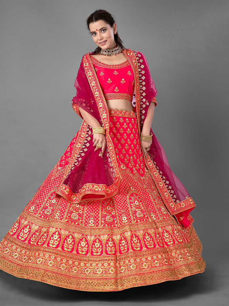 Red Satin Embroidered Semi Stitched Lehenga With Unstitched Blouse Clothsvilla