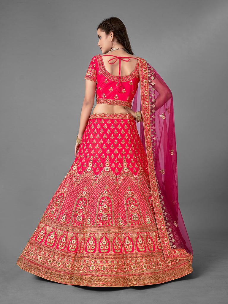 Red Satin Embroidered Semi Stitched Lehenga With Unstitched Blouse Clothsvilla