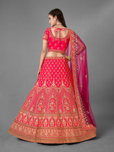 Load image into Gallery viewer, Red Satin Embroidered Semi Stitched Lehenga With Unstitched Blouse Clothsvilla