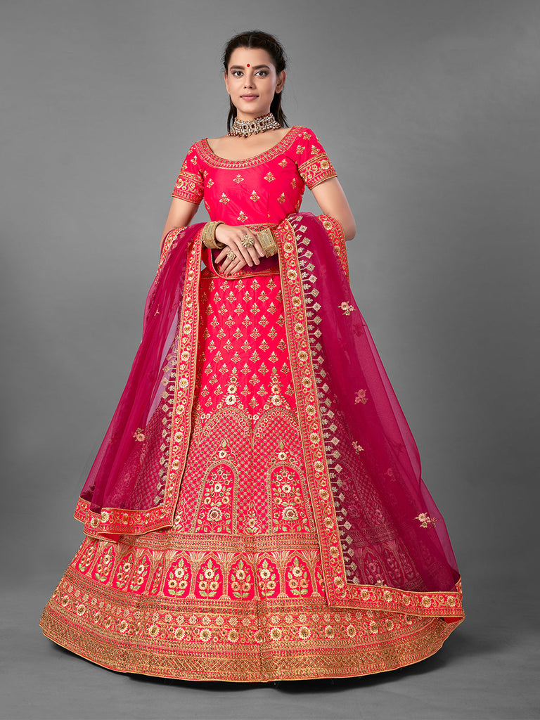 Red Satin Embroidered Semi Stitched Lehenga With Unstitched Blouse Clothsvilla