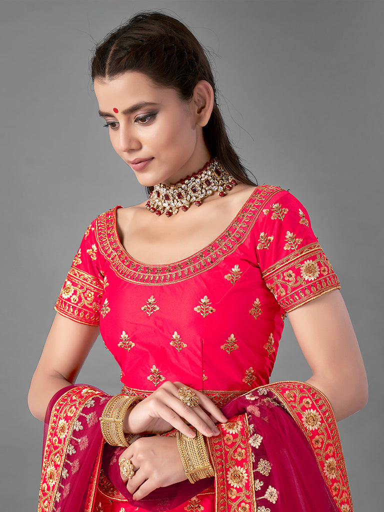 Red Satin Embroidered Semi Stitched Lehenga With Unstitched Blouse Clothsvilla