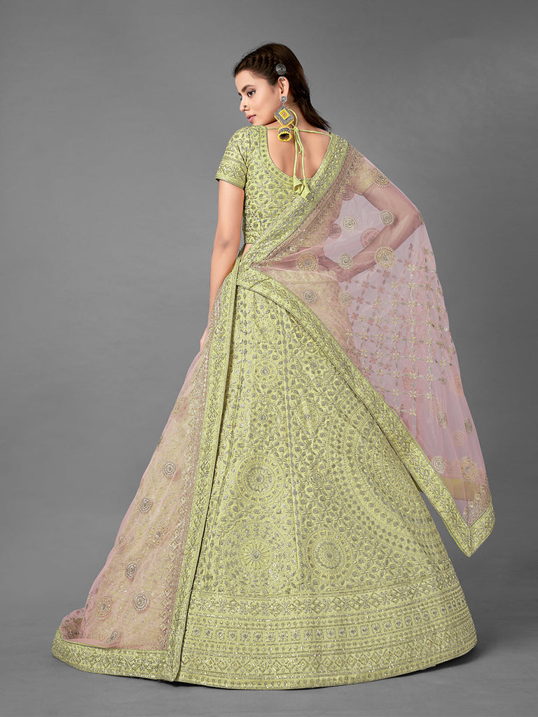 Green Embroidered Art Silk Semi Stitched Lehenga With Unstitched Blouse Clothsvilla