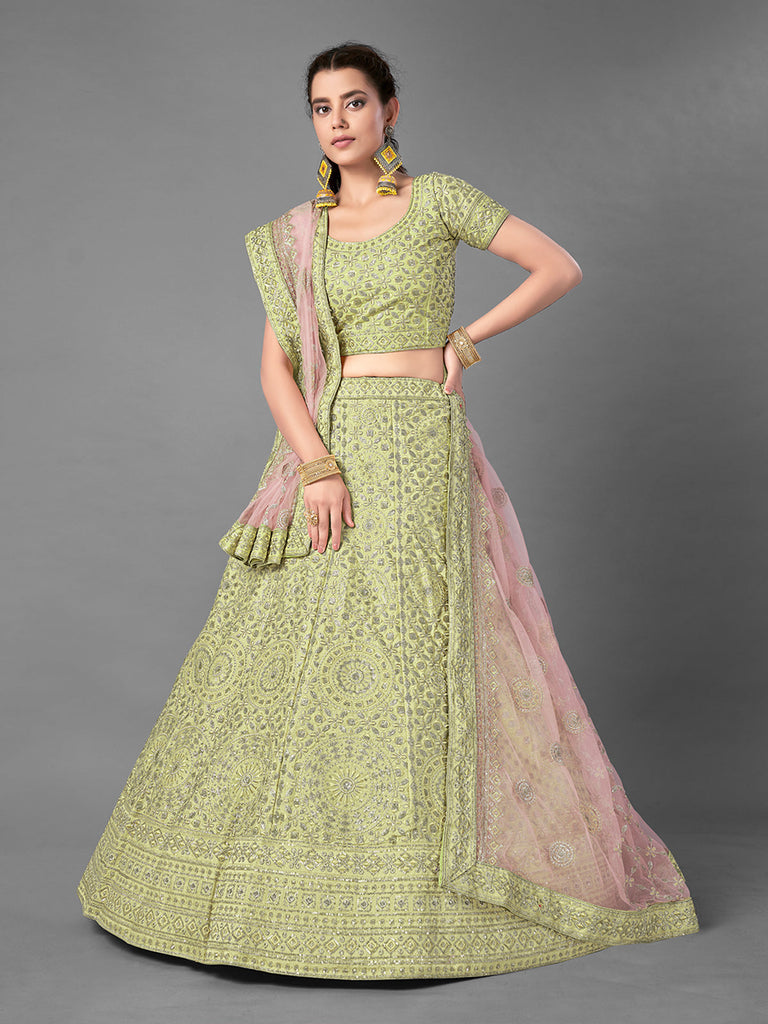 Green Embroidered Art Silk Semi Stitched Lehenga With Unstitched Blouse Clothsvilla