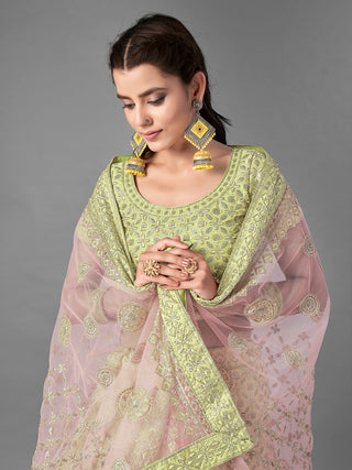 Green Embroidered Art Silk Semi Stitched Lehenga With Unstitched Blouse Clothsvilla