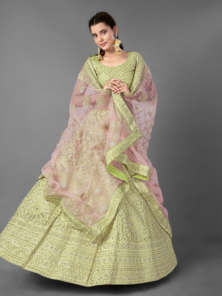 Green Embroidered Art Silk Semi Stitched Lehenga With Unstitched Blouse Clothsvilla