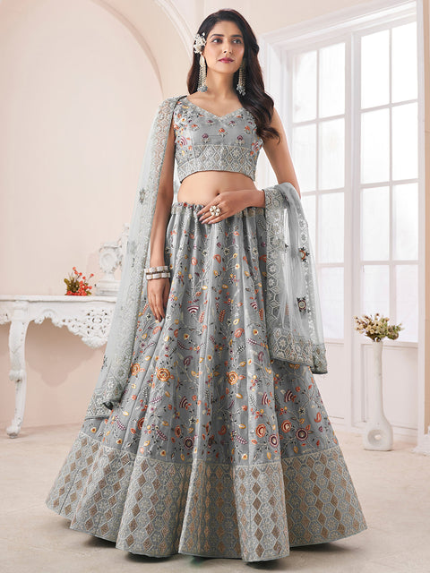 Grey Art Silk Embroidered Semi Stitched Lehenga With Unstitched Blouse Clothsvilla Main image