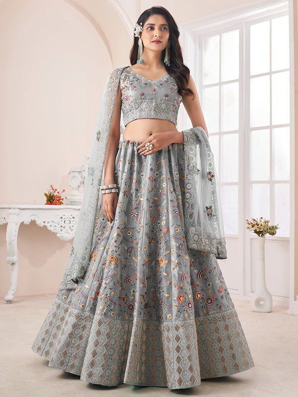 Grey Art Silk Embroidered Semi Stitched Lehenga With Unstitched Blouse Clothsvilla