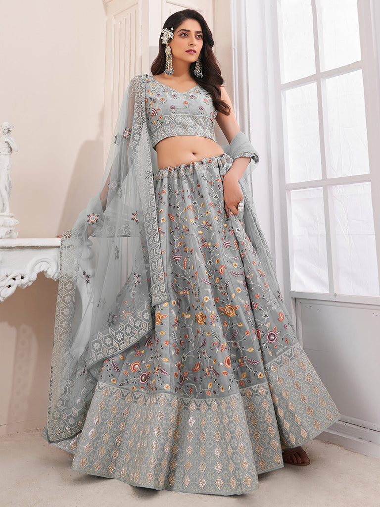 Grey Art Silk Embroidered Semi Stitched Lehenga With Unstitched Blouse Clothsvilla
