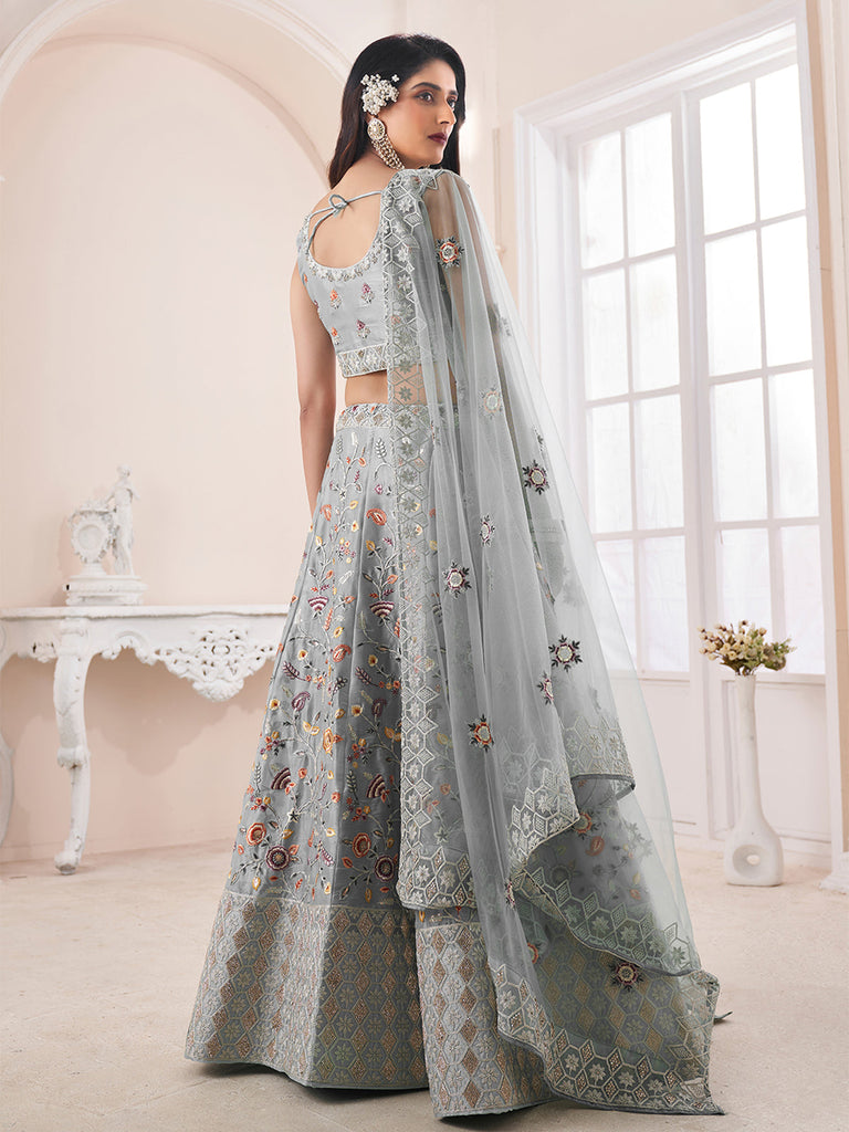 Grey Art Silk Embroidered Semi Stitched Lehenga With Unstitched Blouse Clothsvilla