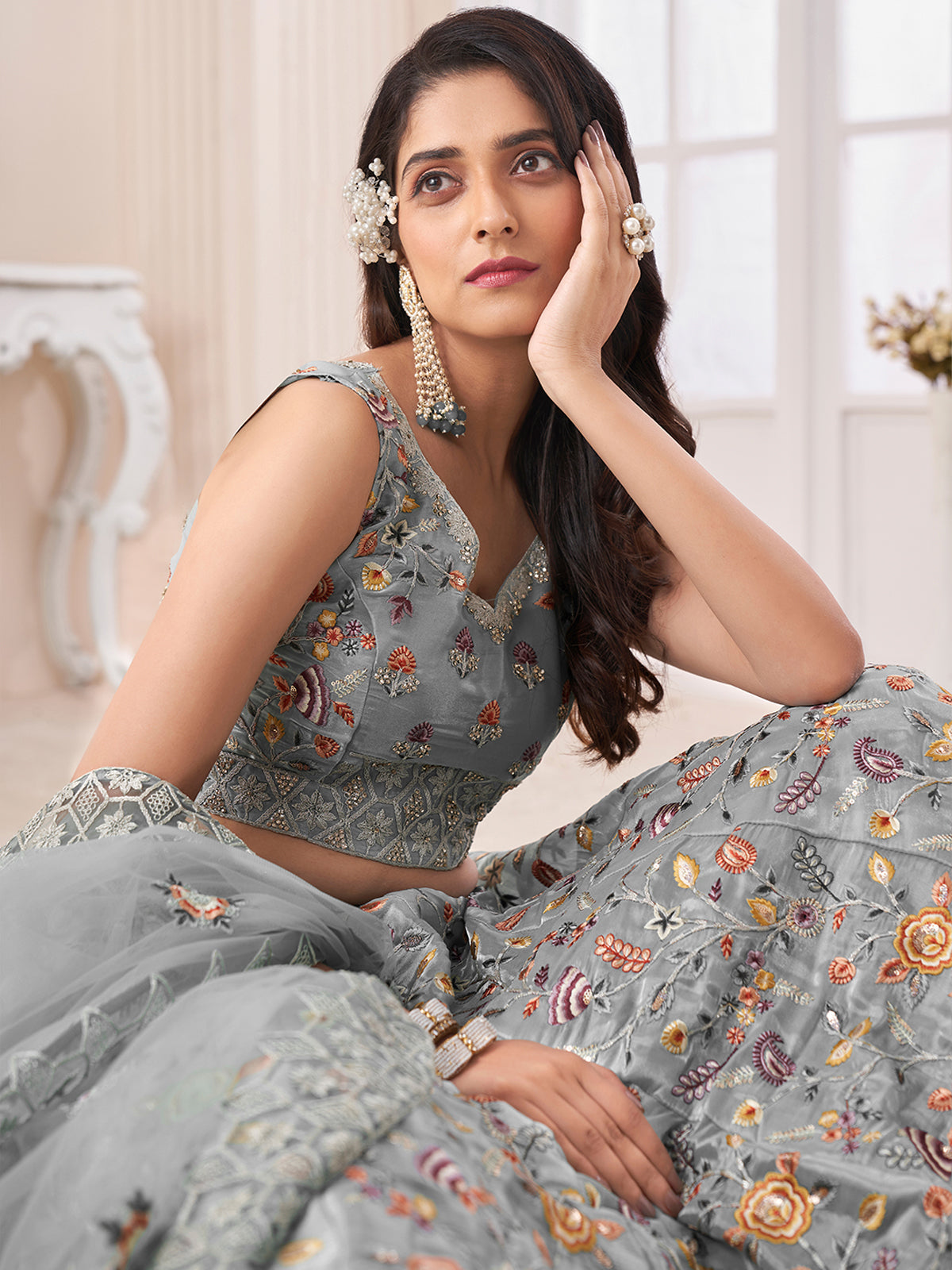 Grey Art Silk Embroidered Semi Stitched Lehenga With Unstitched Blouse Clothsvilla