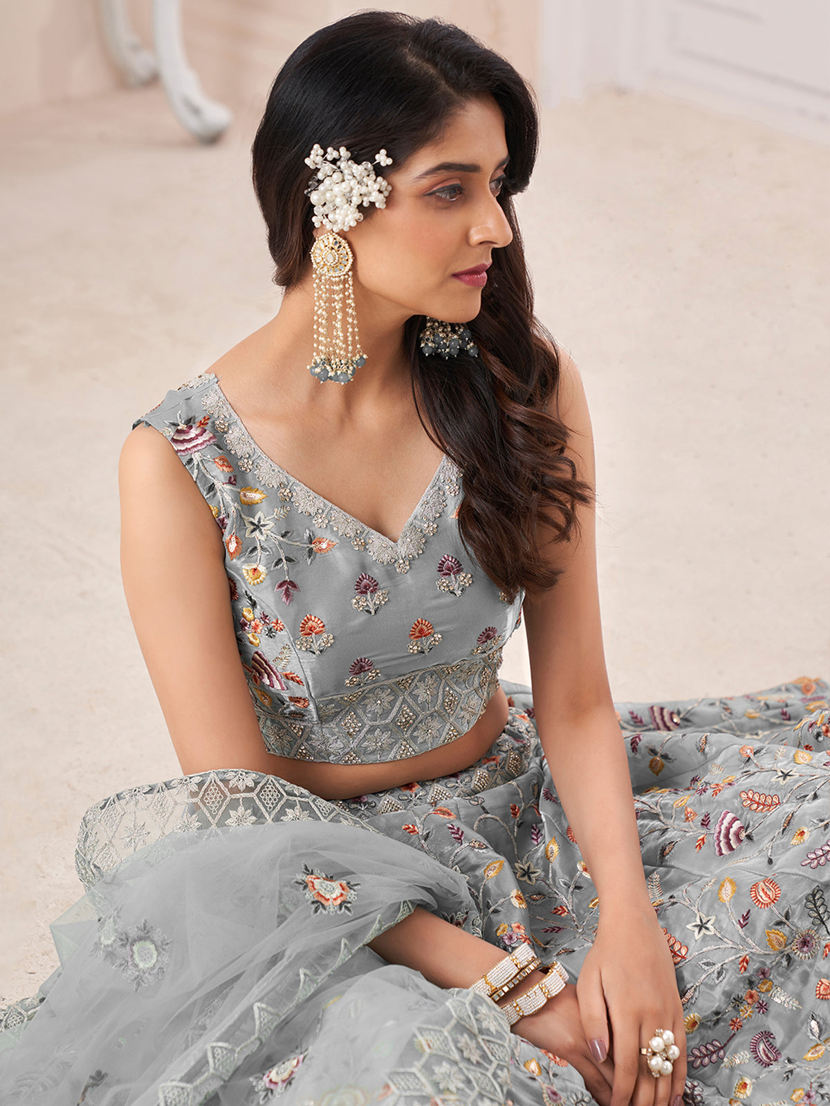 Grey Art Silk Embroidered Semi Stitched Lehenga With Unstitched Blouse Clothsvilla