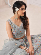 Load image into Gallery viewer, Grey Art Silk Embroidered Semi Stitched Lehenga With Unstitched Blouse Clothsvilla