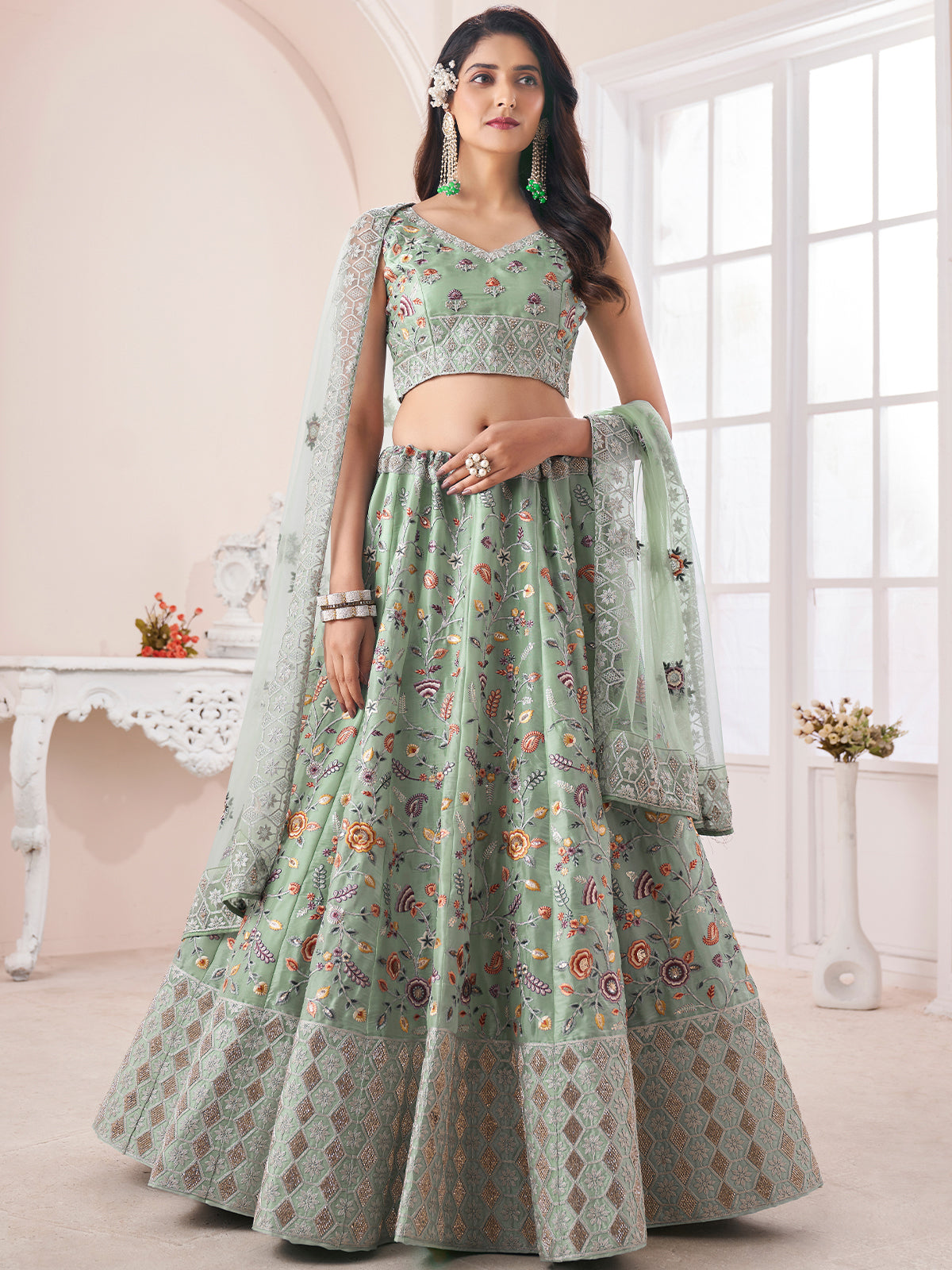 Green Art Silk Embroidered Semi Stitched Lehenga With Unstitched Blouse Clothsvilla Main image