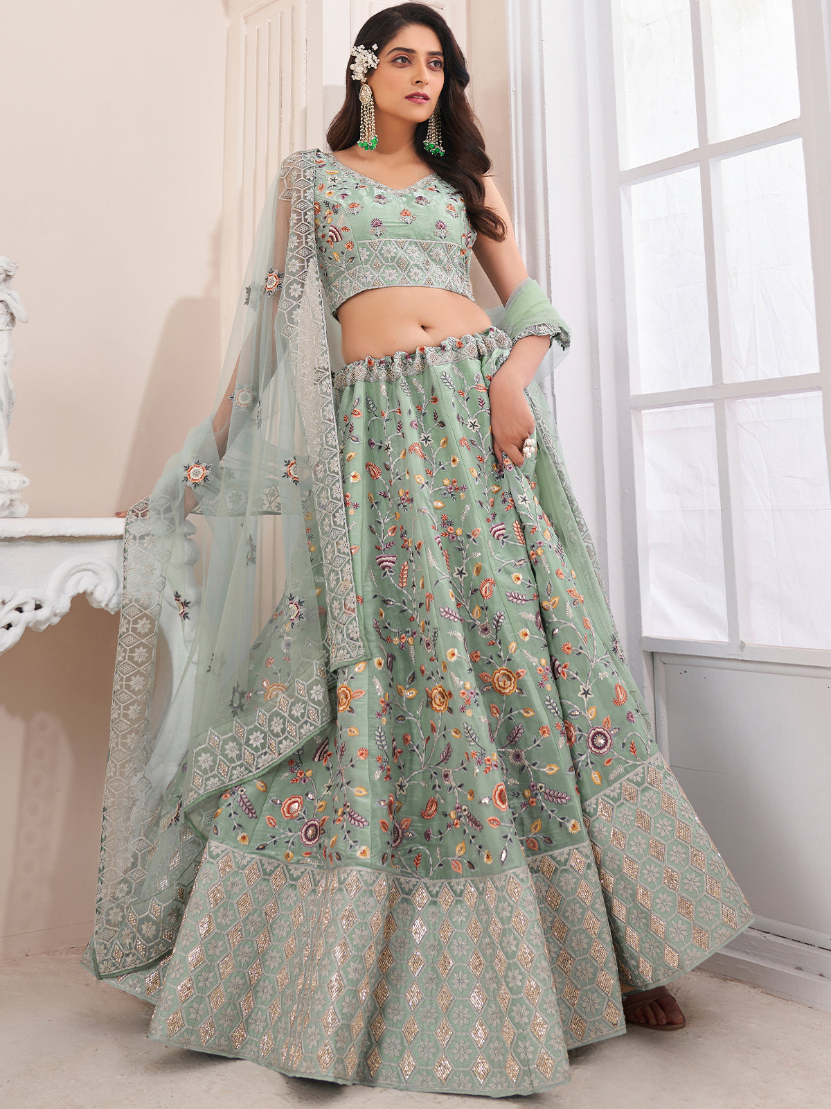 Green Art Silk Embroidered Semi Stitched Lehenga With Unstitched Blouse Clothsvilla