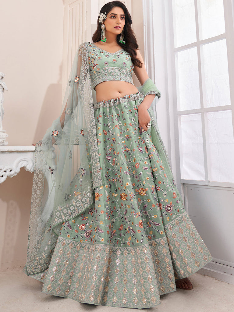 Green Art Silk Embroidered Semi Stitched Lehenga With Unstitched Blouse Clothsvilla