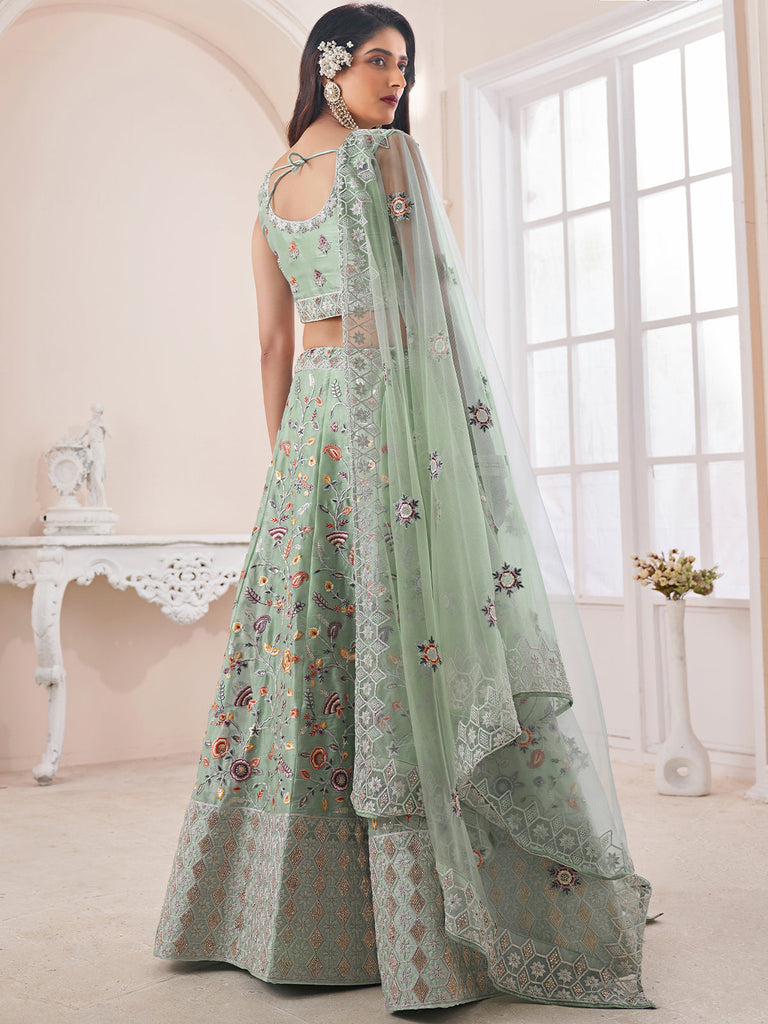 Green Art Silk Embroidered Semi Stitched Lehenga With Unstitched Blouse Clothsvilla