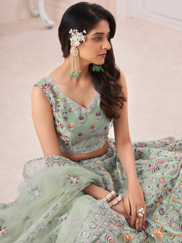Green Art Silk Embroidered Semi Stitched Lehenga With Unstitched Blouse Clothsvilla