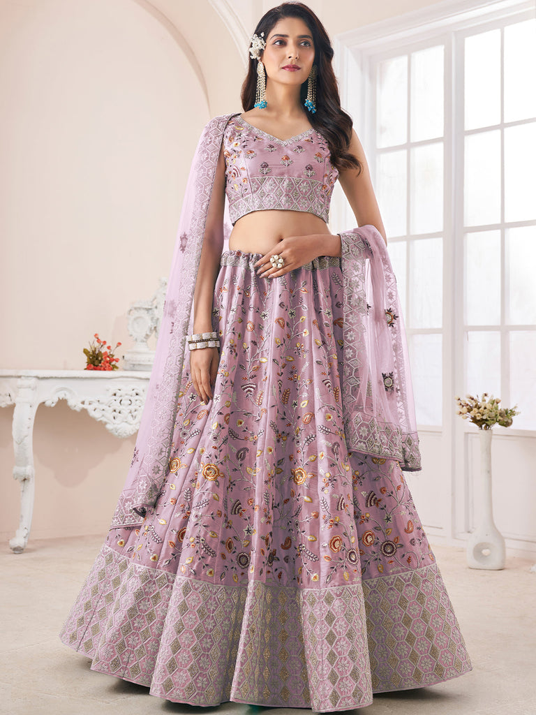 Pink Art Silk Embroidered Semi Stitched Lehenga With Unstitched Blouse Clothsvilla