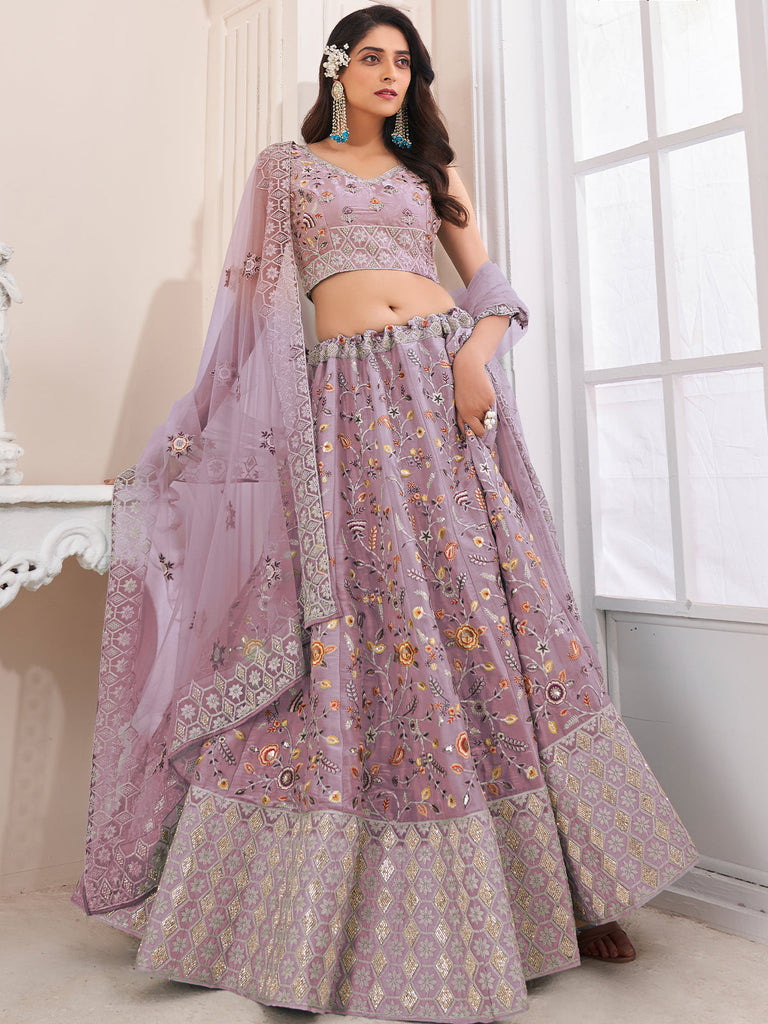 Pink Art Silk Embroidered Semi Stitched Lehenga With Unstitched Blouse Clothsvilla