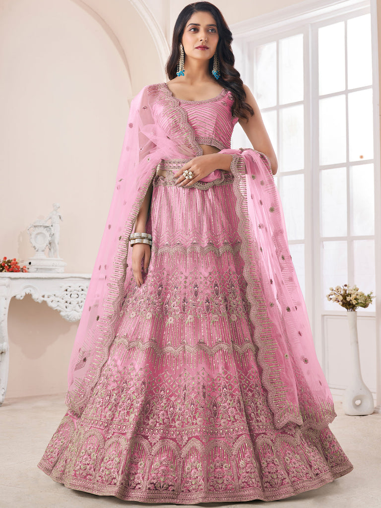 Pink Soft Net Embroidered Semi Stitched Lehenga With Unstitched Blouse Clothsvilla