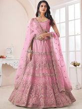 Load image into Gallery viewer, Pink Soft Net Embroidered Semi Stitched Lehenga With Unstitched Blouse Clothsvilla