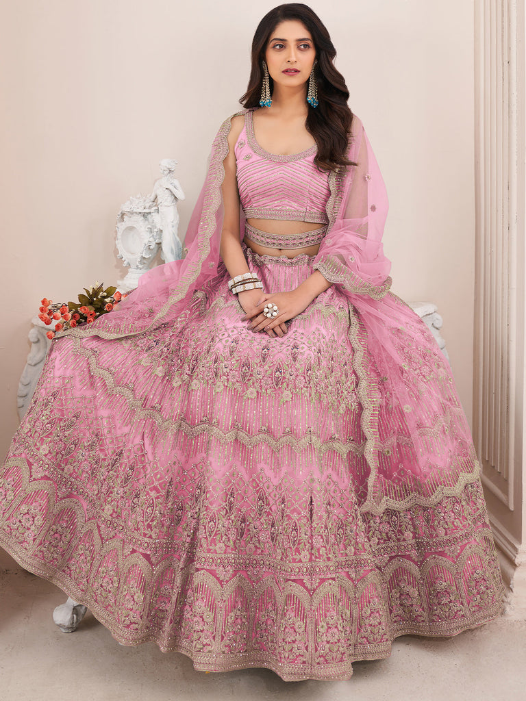 Pink Soft Net Embroidered Semi Stitched Lehenga With Unstitched Blouse Clothsvilla