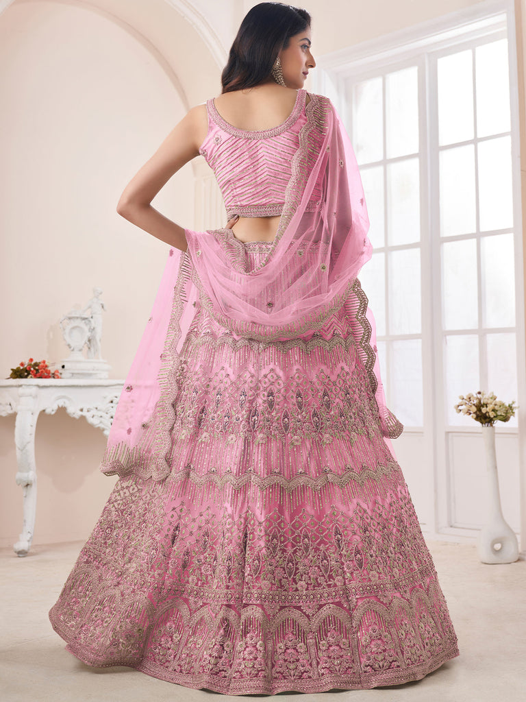 Pink Soft Net Embroidered Semi Stitched Lehenga With Unstitched Blouse Clothsvilla