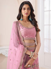 Load image into Gallery viewer, Pink Soft Net Embroidered Semi Stitched Lehenga With Unstitched Blouse Clothsvilla