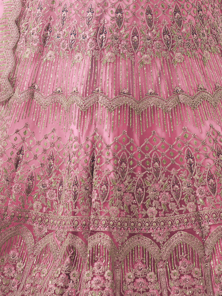 Pink Soft Net Embroidered Semi Stitched Lehenga With Unstitched Blouse Clothsvilla