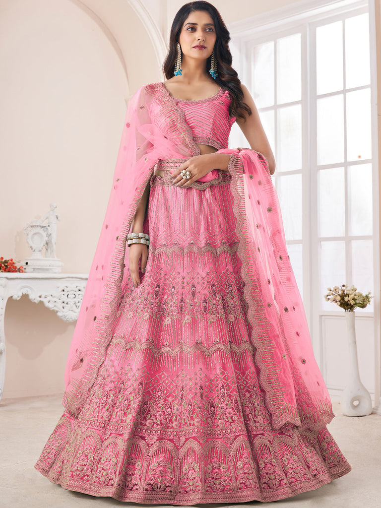 Pink Soft Net Embroidered Semi Stitched Lehenga With Unstitched Blouse Clothsvilla