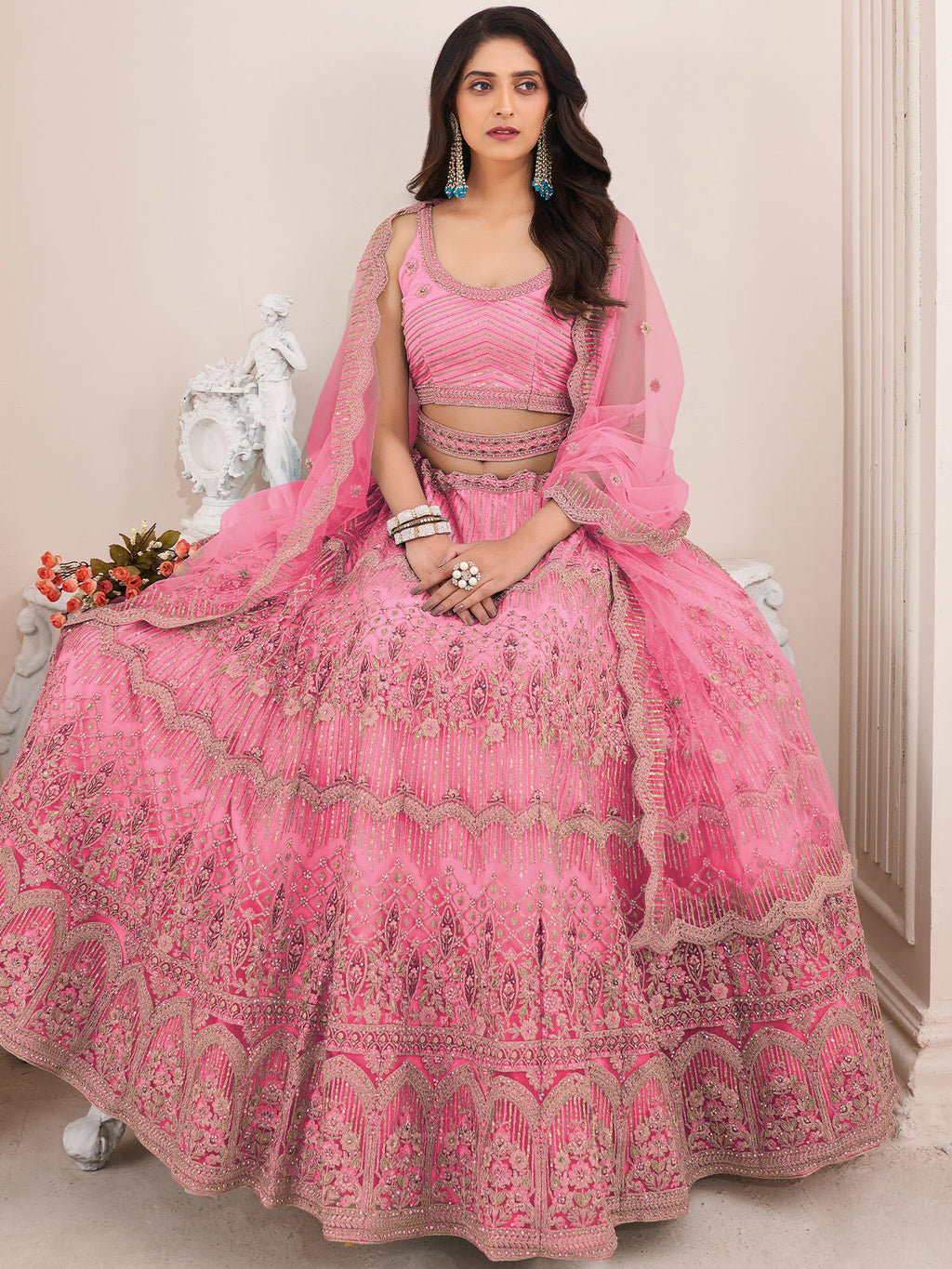 Pink Soft Net Embroidered Semi Stitched Lehenga With Unstitched Blouse Clothsvilla