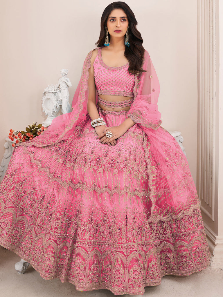 Pink Soft Net Embroidered Semi Stitched Lehenga With Unstitched Blouse Clothsvilla