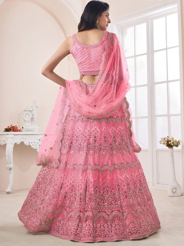 Pink Soft Net Embroidered Semi Stitched Lehenga With Unstitched Blouse Clothsvilla