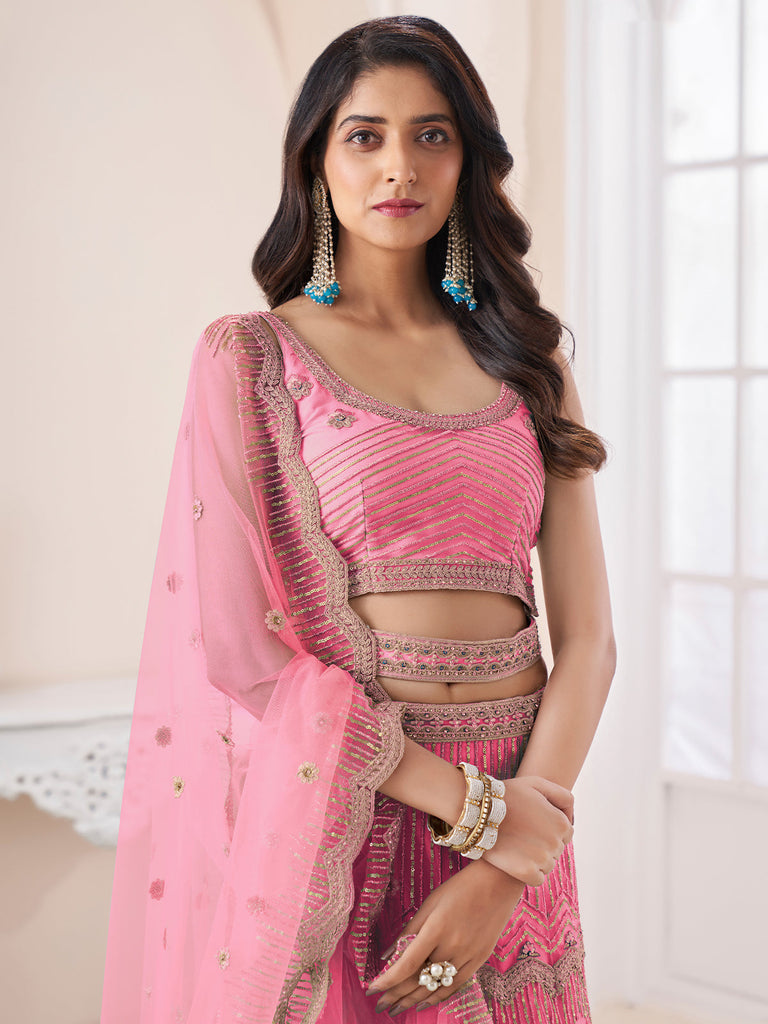 Pink Soft Net Embroidered Semi Stitched Lehenga With Unstitched Blouse Clothsvilla