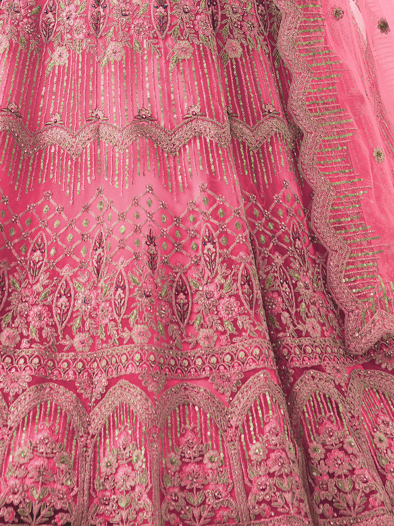 Pink Soft Net Embroidered Semi Stitched Lehenga With Unstitched Blouse Clothsvilla