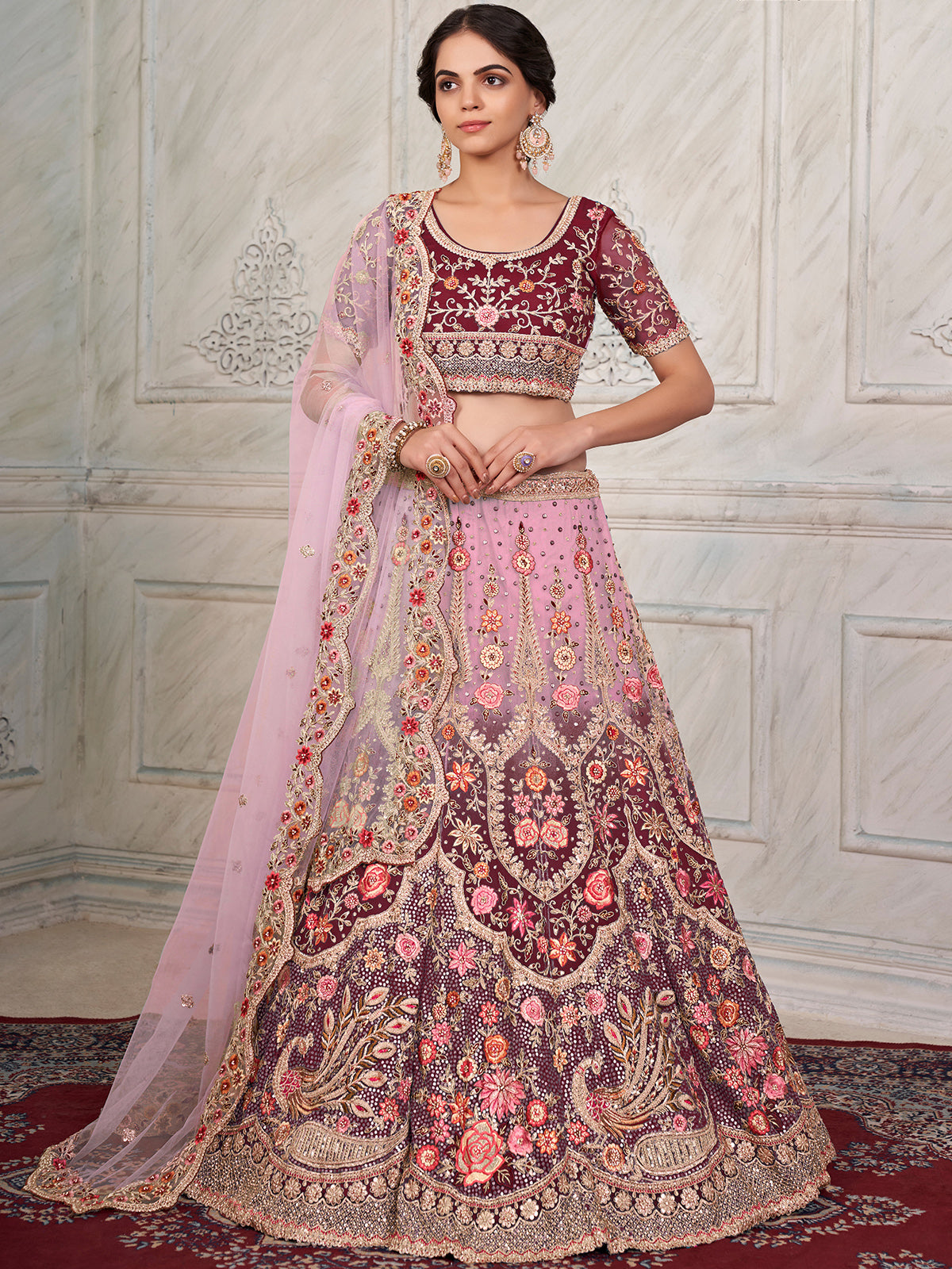 Maroon Soft Net Embroidered Semi Stitched Lehenga With Unstitched Blouse Clothsvilla Main image