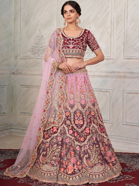 Maroon Soft Net Embroidered Semi Stitched Lehenga With Unstitched Blouse Clothsvilla Main image