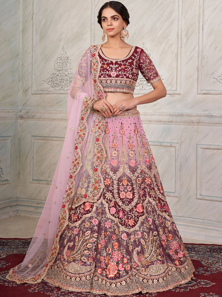 Maroon Soft Net Embroidered Semi Stitched Lehenga With Unstitched Blouse Clothsvilla