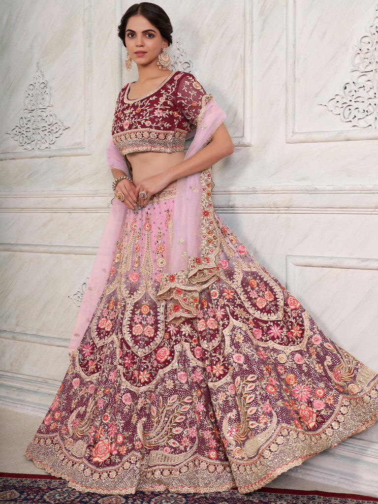 Maroon Soft Net Embroidered Semi Stitched Lehenga With Unstitched Blouse Clothsvilla