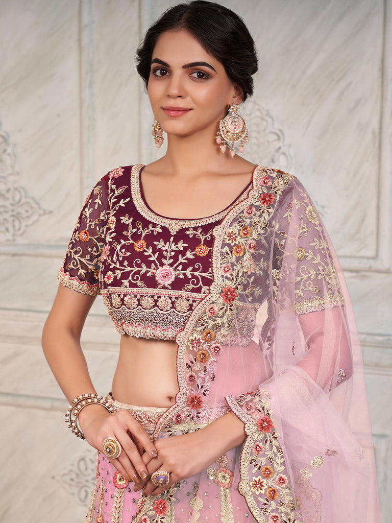 Maroon Soft Net Embroidered Semi Stitched Lehenga With Unstitched Blouse Clothsvilla