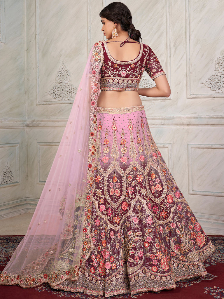 Maroon Soft Net Embroidered Semi Stitched Lehenga With Unstitched Blouse Clothsvilla