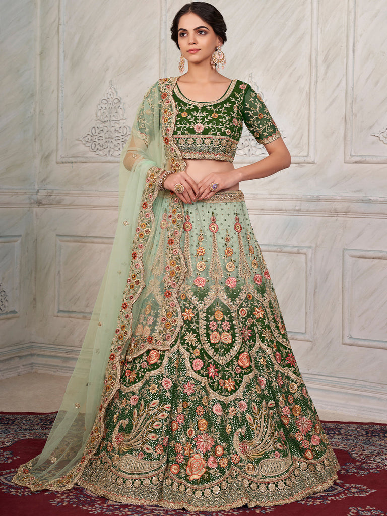 Green Soft Net Embroidered Semi Stitched Lehenga With Unstitched Blouse Clothsvilla