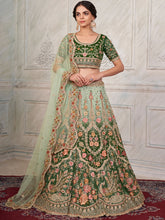 Load image into Gallery viewer, Green Soft Net Embroidered Semi Stitched Lehenga With Unstitched Blouse Clothsvilla