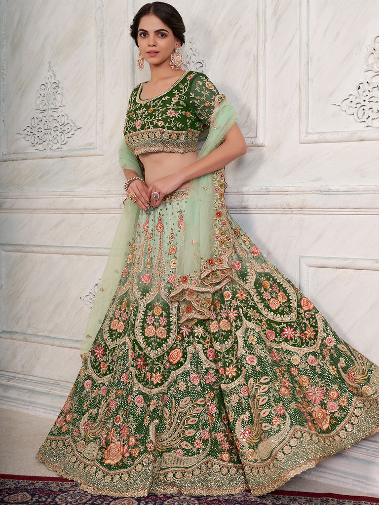 Green Soft Net Embroidered Semi Stitched Lehenga With Unstitched Blouse Clothsvilla