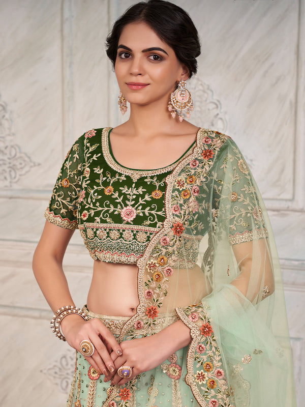 Green Soft Net Embroidered Semi Stitched Lehenga With Unstitched Blouse Clothsvilla