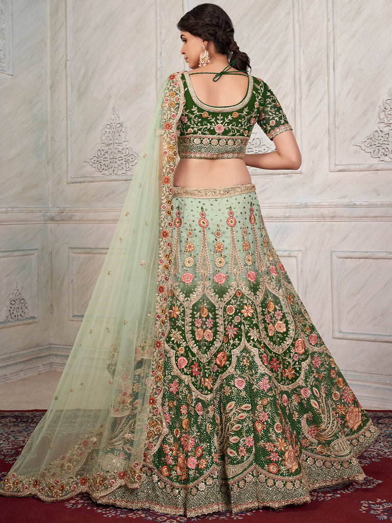 Green Soft Net Embroidered Semi Stitched Lehenga With Unstitched Blouse Clothsvilla