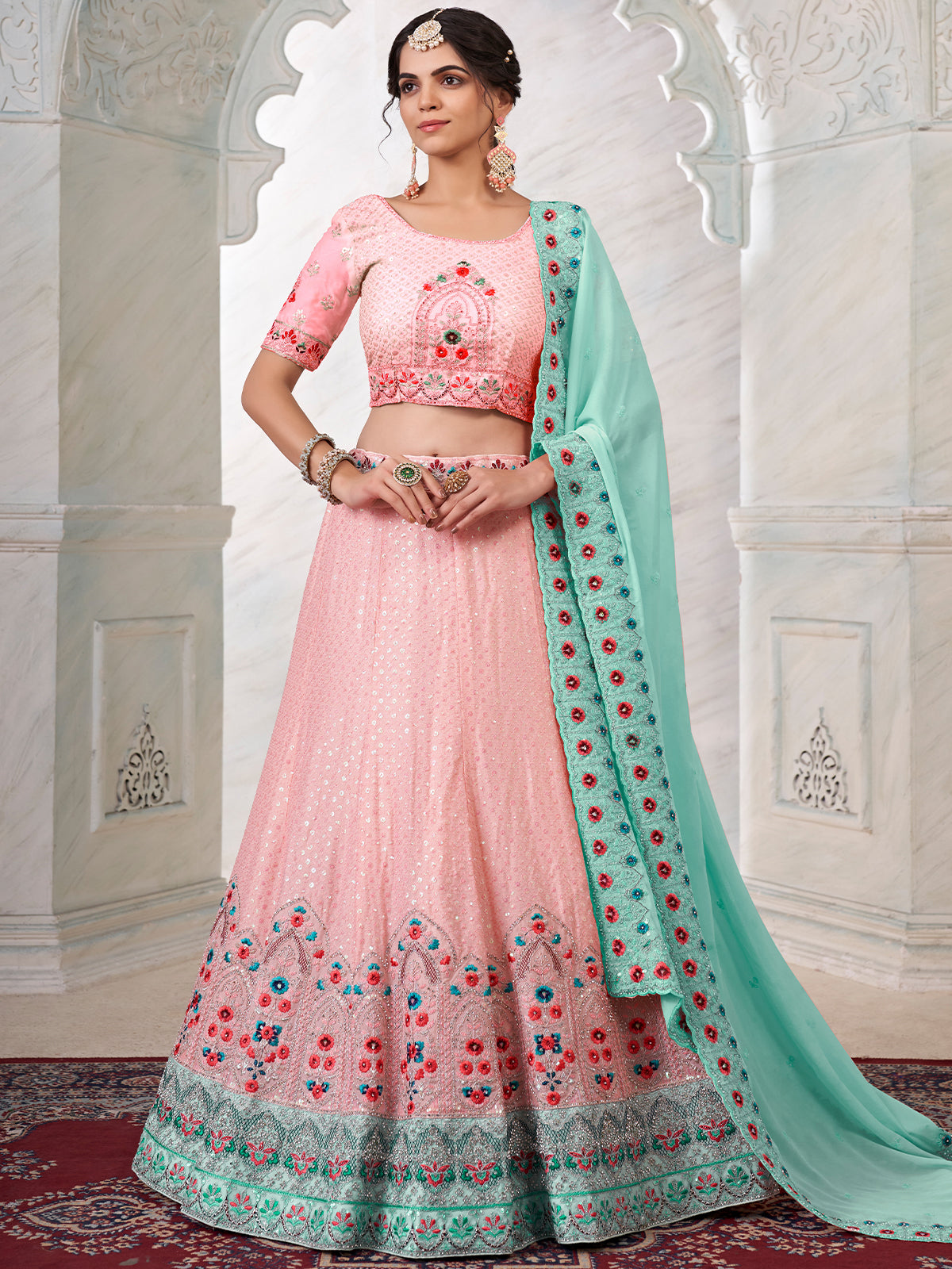 Pink Georgette Embroidered Semi Stitched Lehenga With Unstitched Blouse Clothsvilla Main image