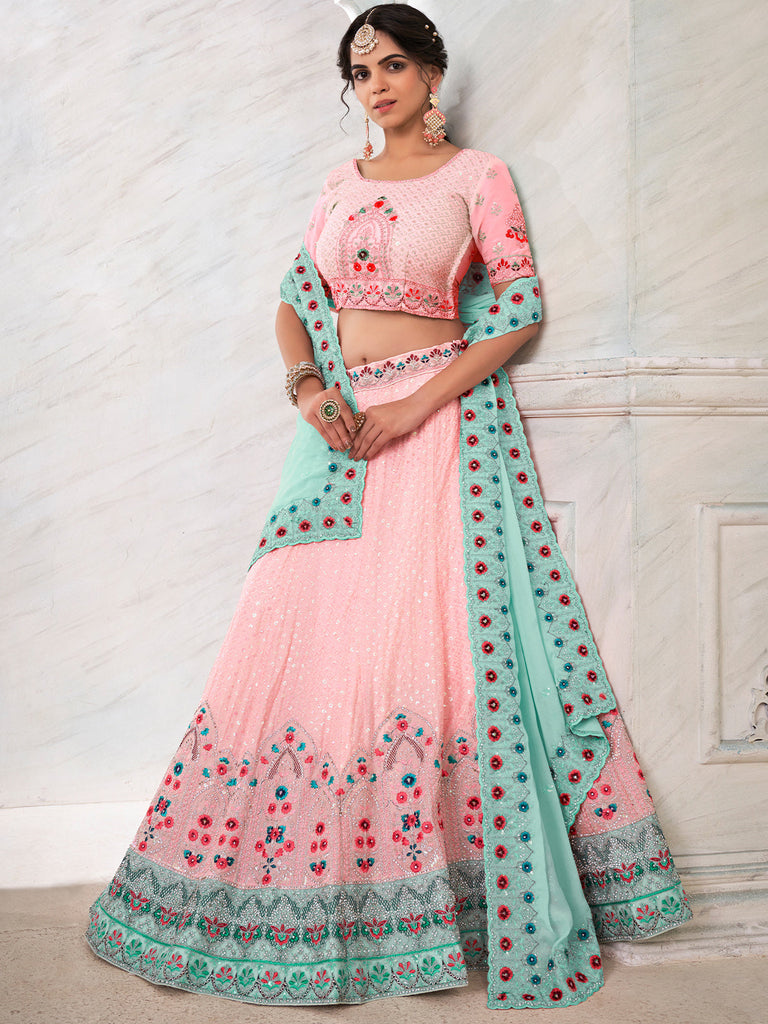 Pink Georgette Embroidered Semi Stitched Lehenga With Unstitched Blouse Clothsvilla