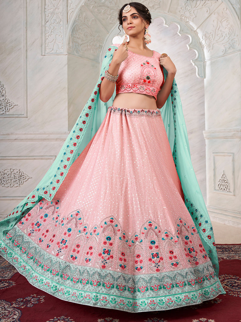 Pink Georgette Embroidered Semi Stitched Lehenga With Unstitched Blouse Clothsvilla