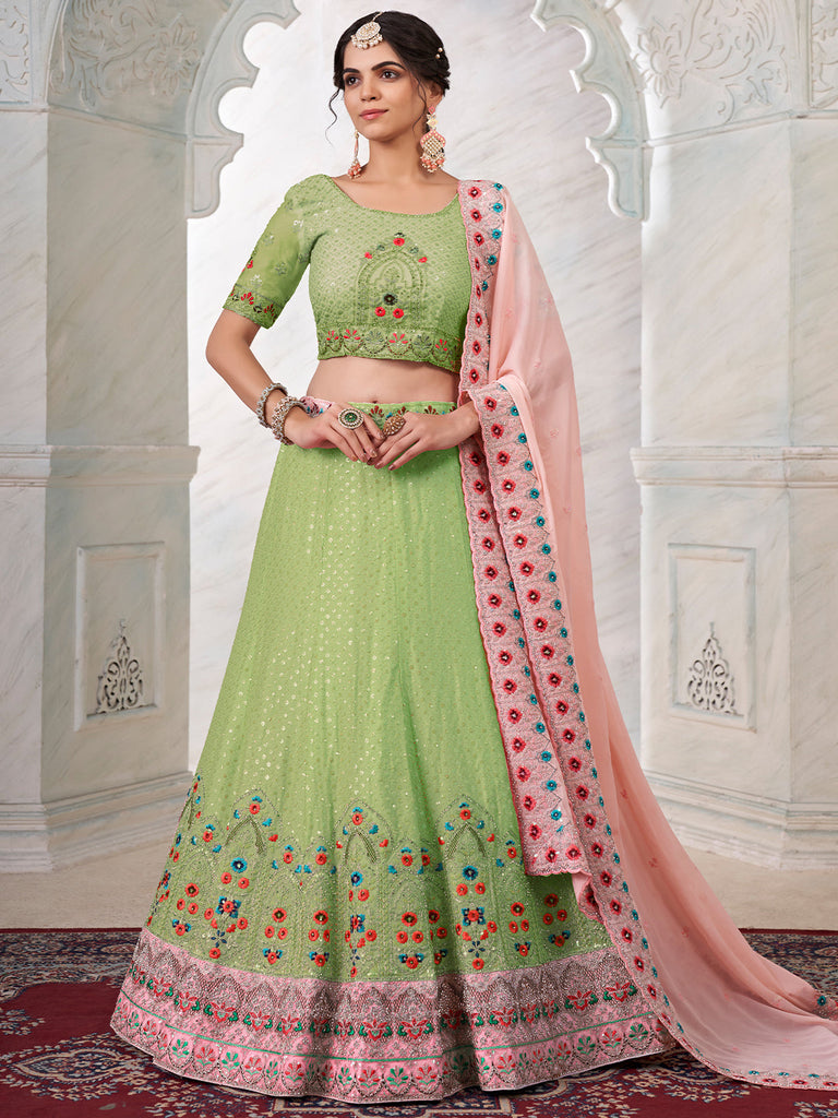 Green Georgette Embroidered Semi Stitched Lehenga With Unstitched Blouse Clothsvilla